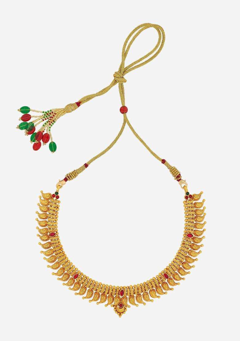 92.5 Sterling Silver Gold-Plated Artificial Stones Necklace for Women | Traditional Temple Jewellery for Wedding & Festive Wear | Gift for Her - Indya