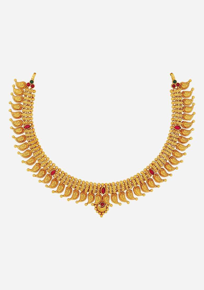 92.5 Sterling Silver Gold-Plated Artificial Stones Necklace for Women | Traditional Temple Jewellery for Wedding & Festive Wear | Gift for Her - Indya