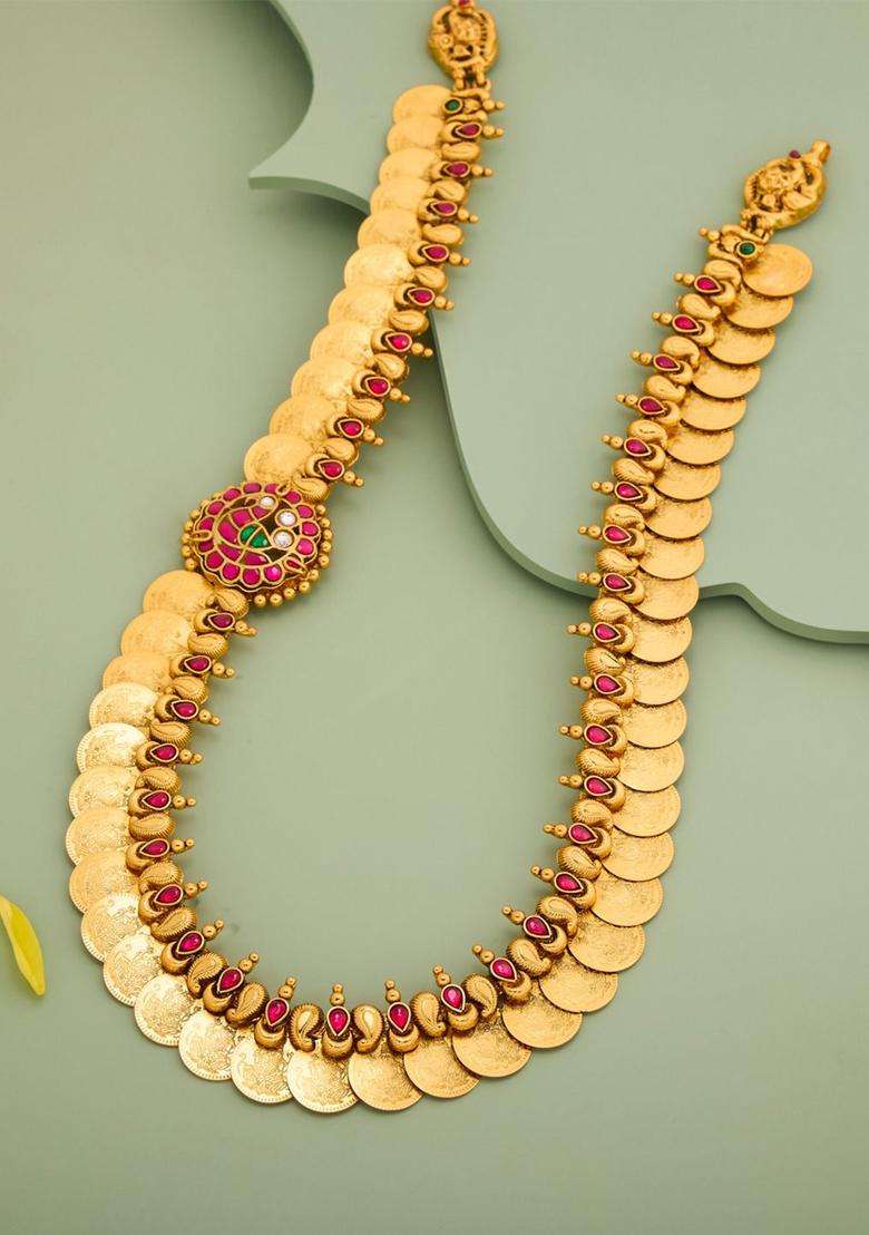 Green Silver Gold-Plated Temple Ruby Ethnic Necklace for Women | Traditional Temple Jewellery for Wedding & Festive Wear | Gift for Her - Indya