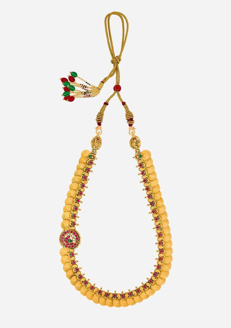 Green Silver Gold-Plated Temple Ruby Ethnic Necklace for Women | Traditional Temple Jewellery for Wedding & Festive Wear | Gift for Her - Indya