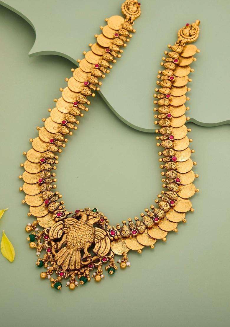 Green Silver Gold-Plated Temple Ruby Ethnic Necklace for Women | Traditional Temple Jewellery for Wedding & Festive Wear | Gift for Her - Indya
