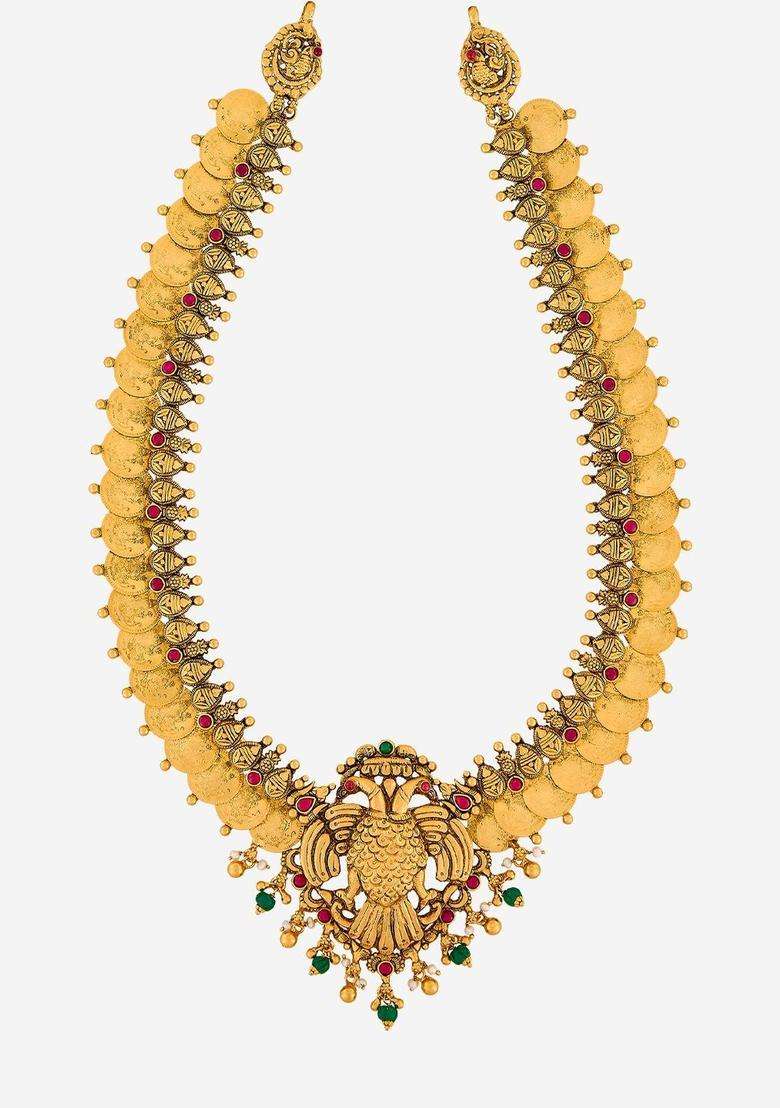 Green Silver Gold-Plated Temple Ruby Ethnic Necklace for Women | Traditional Temple Jewellery for Wedding & Festive Wear | Gift for Her - Indya
