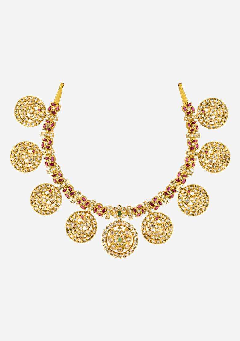 Green Silver Gold-Plated Temple Ruby Ethnic Necklace for Women | Traditional Temple Jewellery for Wedding & Festive Wear | Gift for Her - Indya