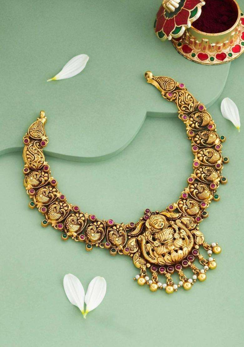Sterling Silver Gold-Plated Temple Necklace for Women | Traditional Temple Jewellery for Wedding & Festive Wear | Gift for Her - Indya
