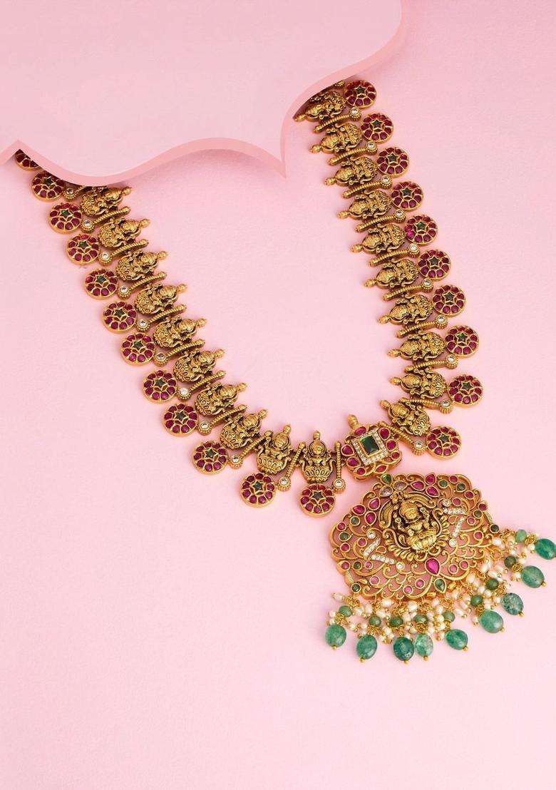Copper Gold-Plated Temple Necklace for Women | Traditional Temple Jewellery for Wedding & Festive Wear | Gift for Her - Indya