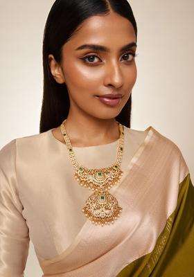 92.5 Sterling Silver Gold-Plated Artificial Stones Necklace for Women | Traditional Temple Jewellery for Wedding & Festive Wear | Gift for Her