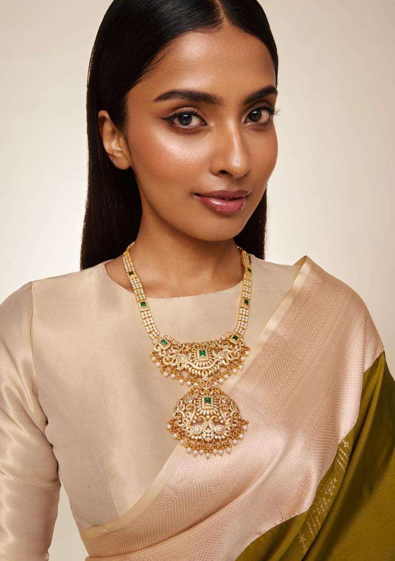 92.5 Sterling Silver Gold-Plated Artificial Stones Necklace for Women | Traditional Temple Jewellery for Wedding & Festive Wear | Gift for Her - Indya