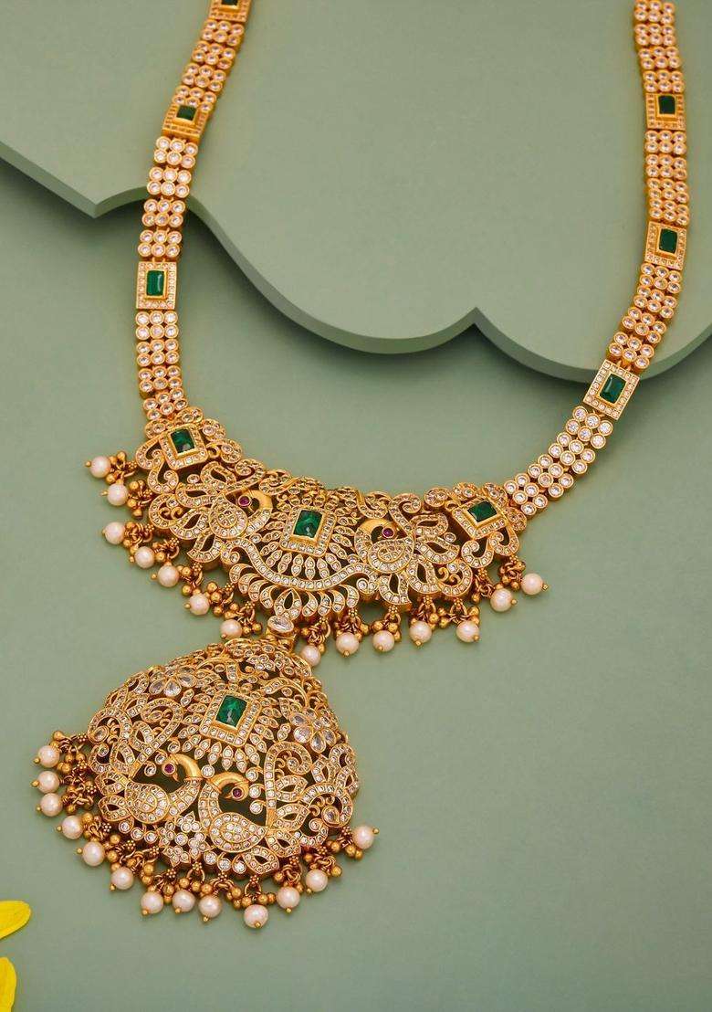 92.5 Sterling Silver Gold-Plated Artificial Stones Necklace for Women | Traditional Temple Jewellery for Wedding & Festive Wear | Gift for Her - Indya