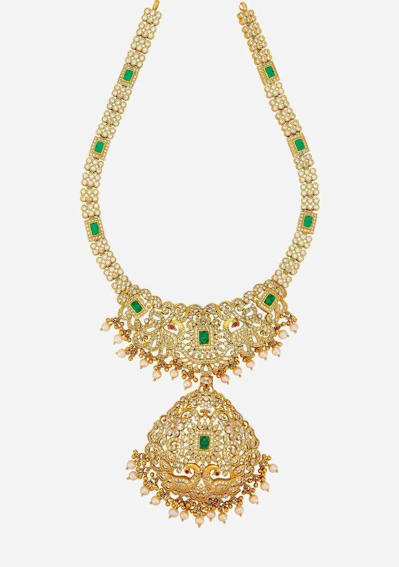 92.5 Sterling Silver Gold-Plated Artificial Stones Necklace for Women | Traditional Temple Jewellery for Wedding & Festive Wear | Gift for Her - Indya