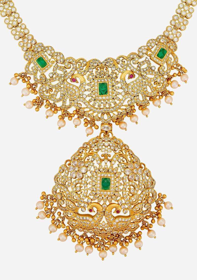 92.5 Sterling Silver Gold-Plated Artificial Stones Necklace for Women | Traditional Temple Jewellery for Wedding & Festive Wear | Gift for Her - Indya