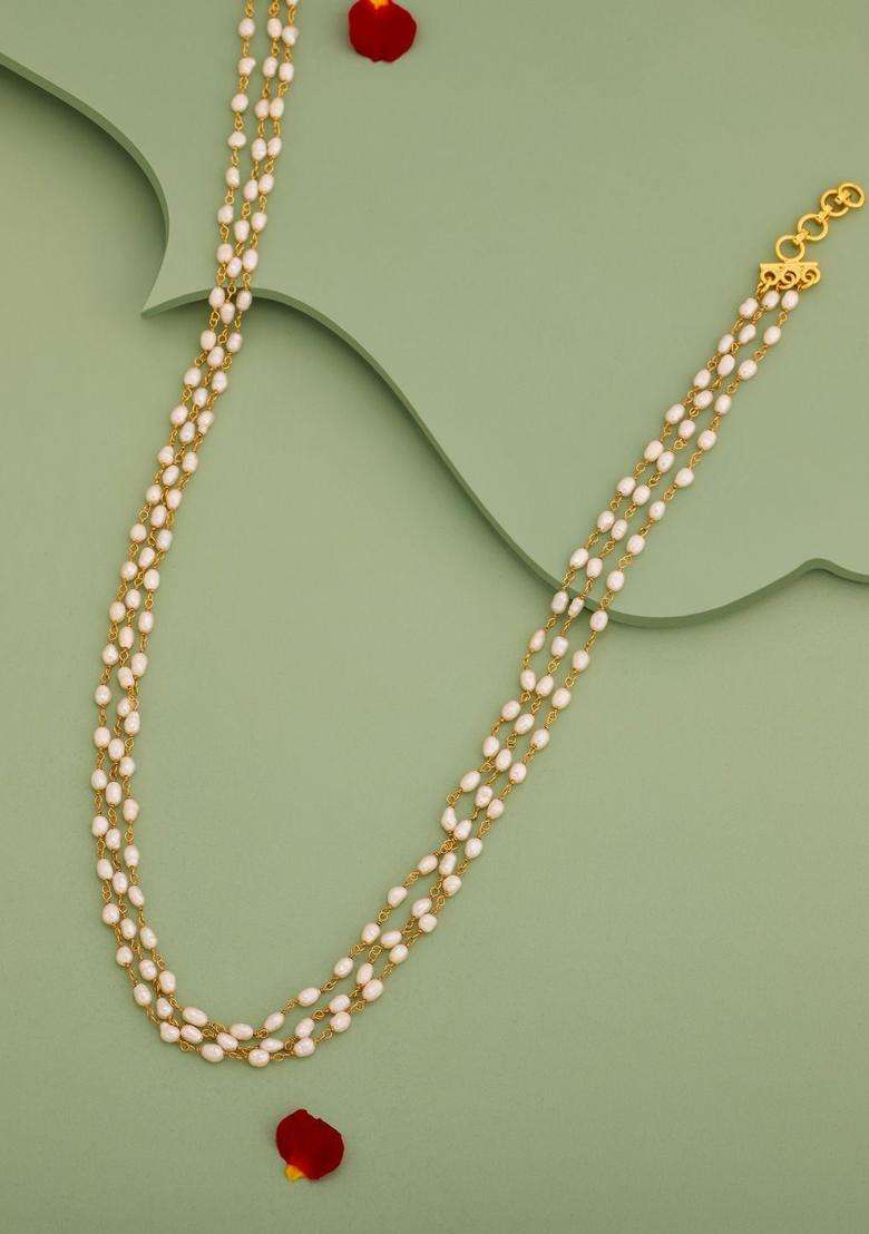 White Silver Gold-Plated Temple Pearl Festive Chain for Women | Traditional Temple Jewellery for Wedding & Festive Wear | Gift for Her - Indya