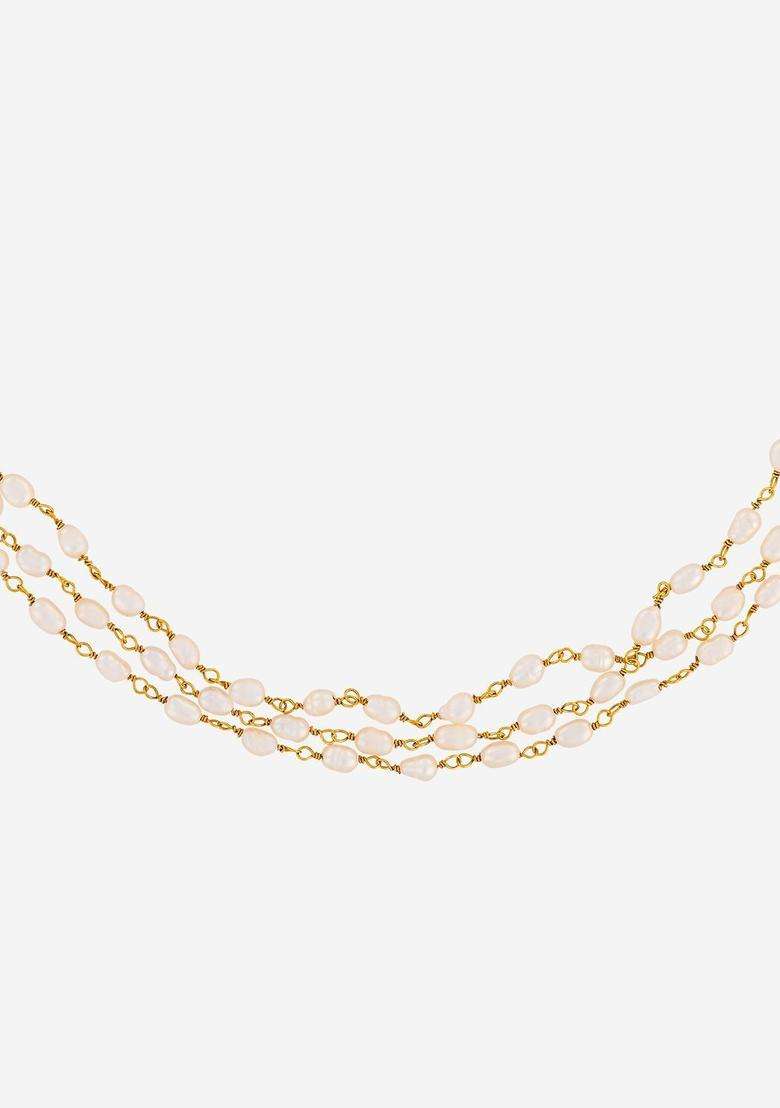 White Silver Gold-Plated Temple Pearl Festive Chain for Women | Traditional Temple Jewellery for Wedding & Festive Wear | Gift for Her - Indya