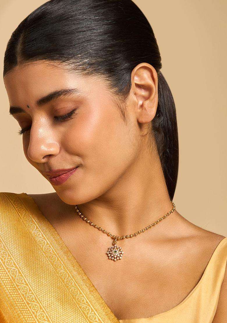 92.5 Pure Silver Gold-Plated Floral Pendant for Women | Traditional Temple Jewellery for Wedding & Festive Wear | Gift for Her - Indya