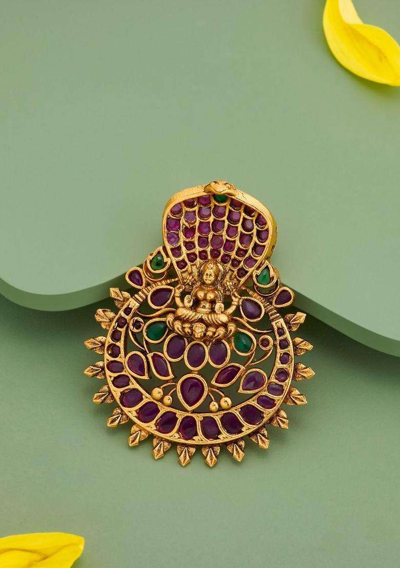 Green 92.5 Sterling Silver Gold-Plated Stones Contemporary Pendants for Women | Traditional Temple Jewellery for Wedding & Festive Wear | Gift for Her - Indya