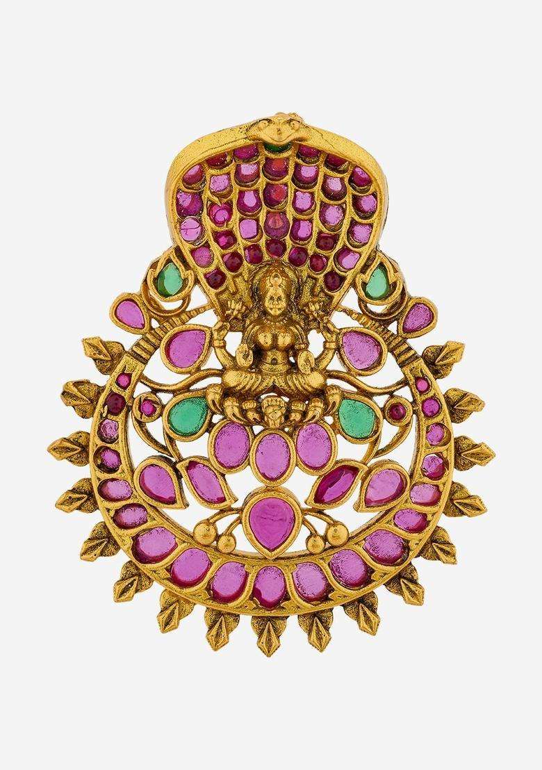 Green 92.5 Sterling Silver Gold-Plated Stones Contemporary Pendants for Women | Traditional Temple Jewellery for Wedding & Festive Wear | Gift for Her - Indya