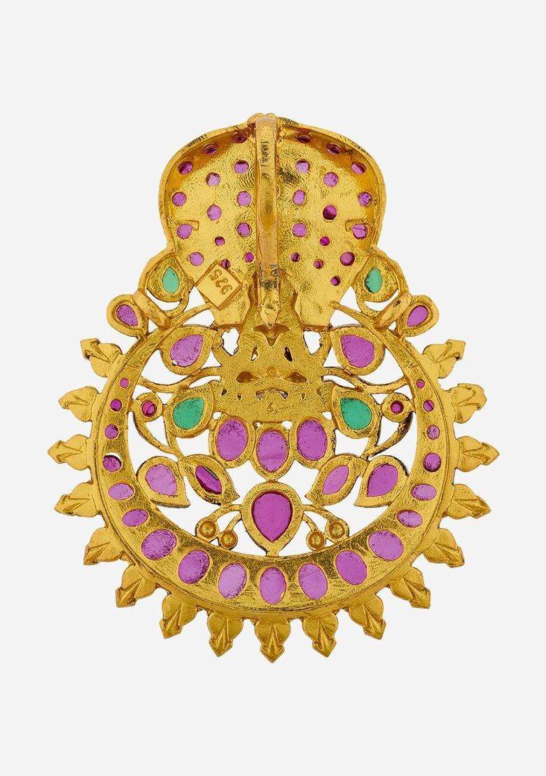 Green 92.5 Sterling Silver Gold-Plated Stones Contemporary Pendants for Women | Traditional Temple Jewellery for Wedding & Festive Wear | Gift for Her - Indya