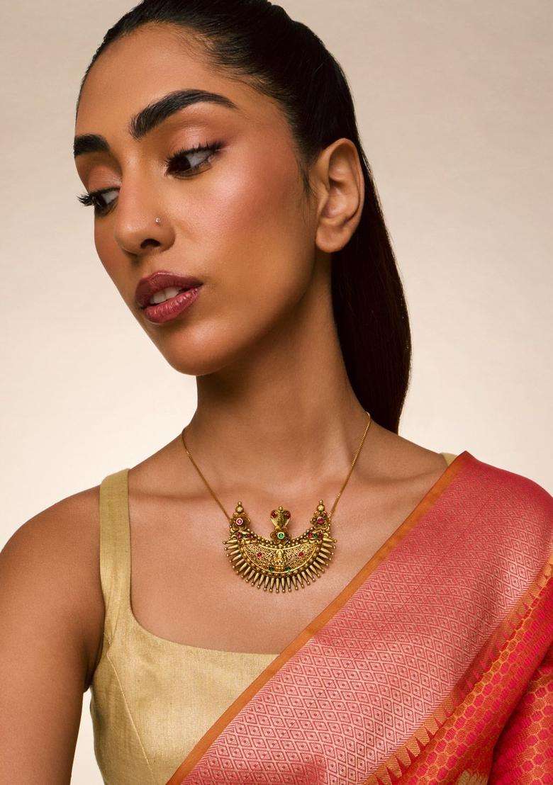 92.5 Sterling Silver Gold-Plated Stones Contemporary Pendants for Women | Traditional Temple Jewellery for Wedding & Festive Wear | Gift for Her - Indya