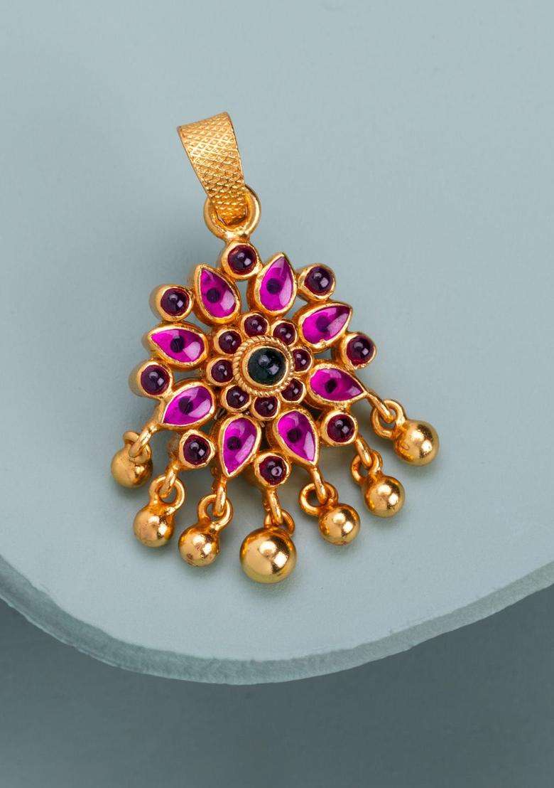 92.5 Silver Gold-Plated Stone Studded Contemporary Pendant for Women | Traditional Temple Jewellery for Wedding & Festive Wear | Gift for Her - Indya