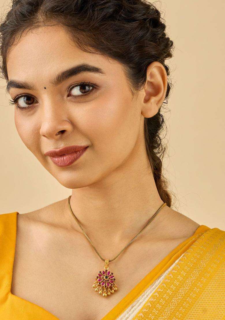 92.5 Silver Gold-Plated Stone Studded Contemporary Pendant for Women | Traditional Temple Jewellery for Wedding & Festive Wear | Gift for Her - Indya