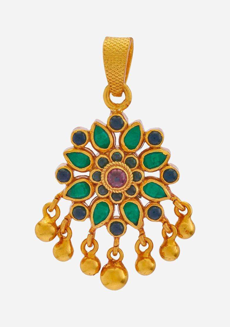 92.5 Silver Gold-Plated Stone Studded Contemporary Pendant for Women | Traditional Temple Jewellery for Wedding & Festive Wear | Gift for Her - Indya
