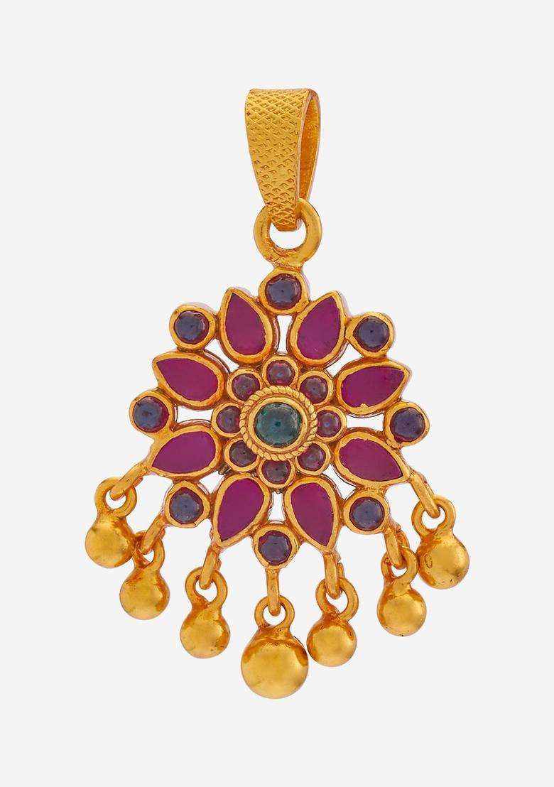 92.5 Silver Gold-Plated Stone Studded Contemporary Pendant for Women | Traditional Temple Jewellery for Wedding & Festive Wear | Gift for Her - Indya