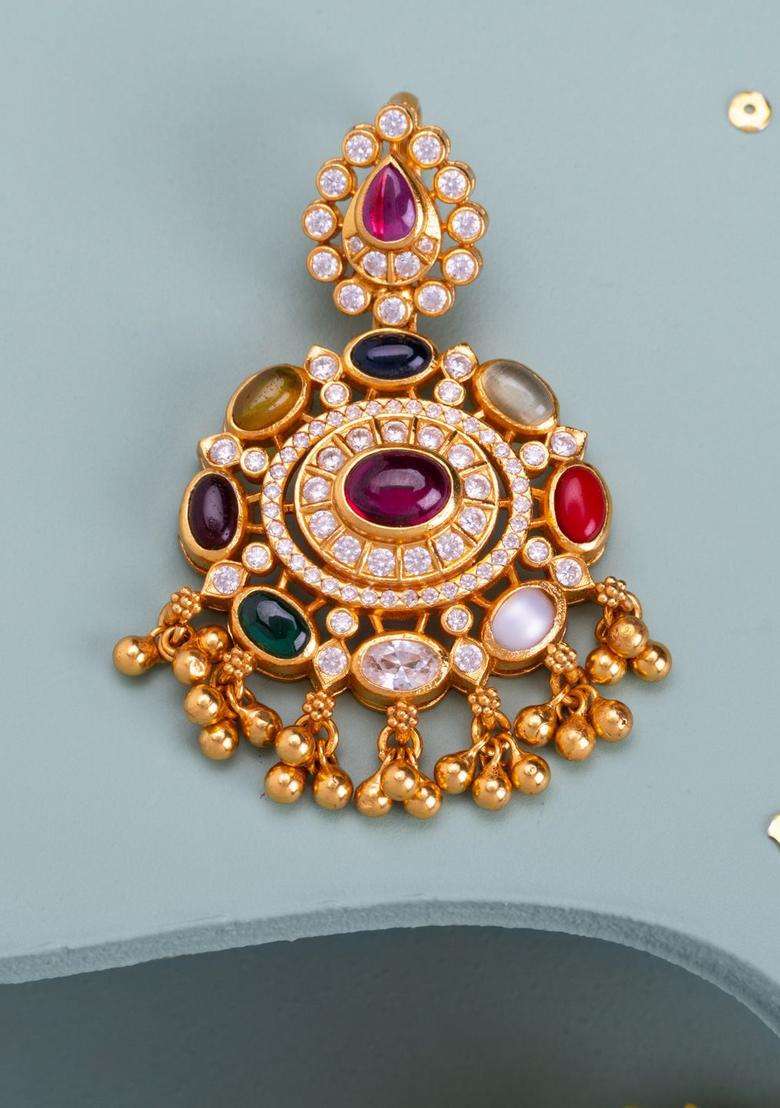 92.5 Sterling Silver Gold-Plated Artificial Stones Temple Pendants for Women | Traditional Temple Jewellery for Wedding & Festive Wear | Gift for Her - Indya