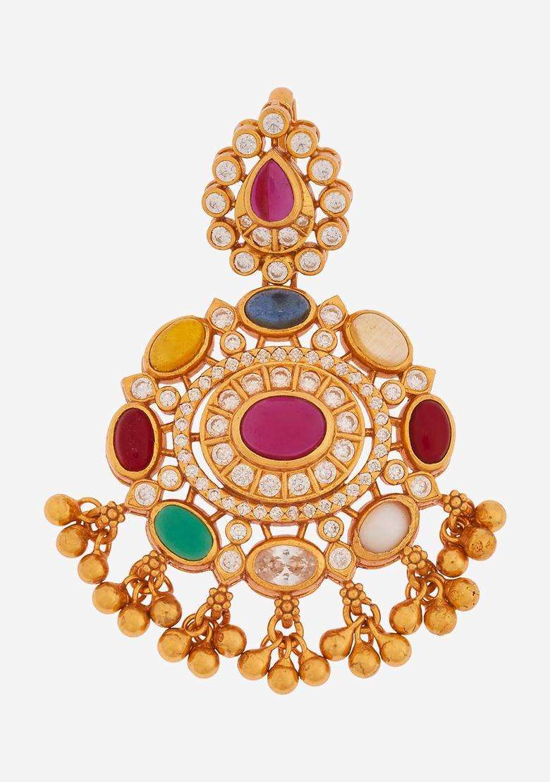 92.5 Sterling Silver Gold-Plated Artificial Stones Temple Pendants for Women | Traditional Temple Jewellery for Wedding & Festive Wear | Gift for Her - Indya