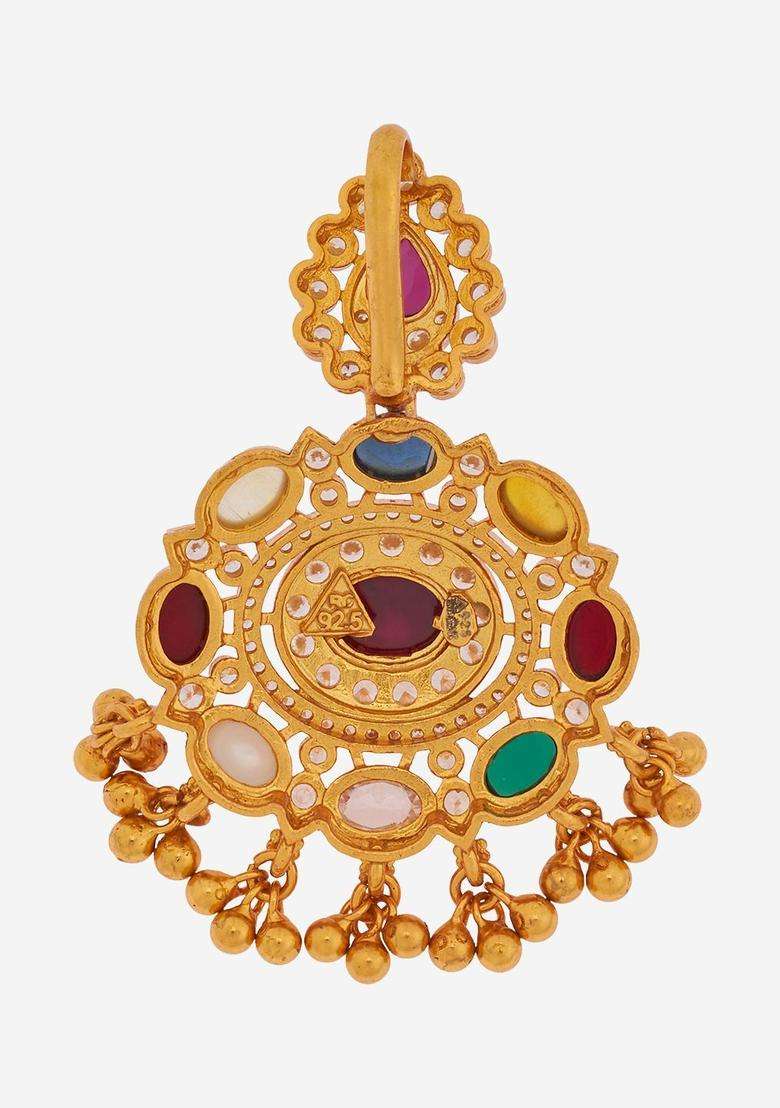 92.5 Sterling Silver Gold-Plated Artificial Stones Temple Pendants for Women | Traditional Temple Jewellery for Wedding & Festive Wear | Gift for Her - Indya