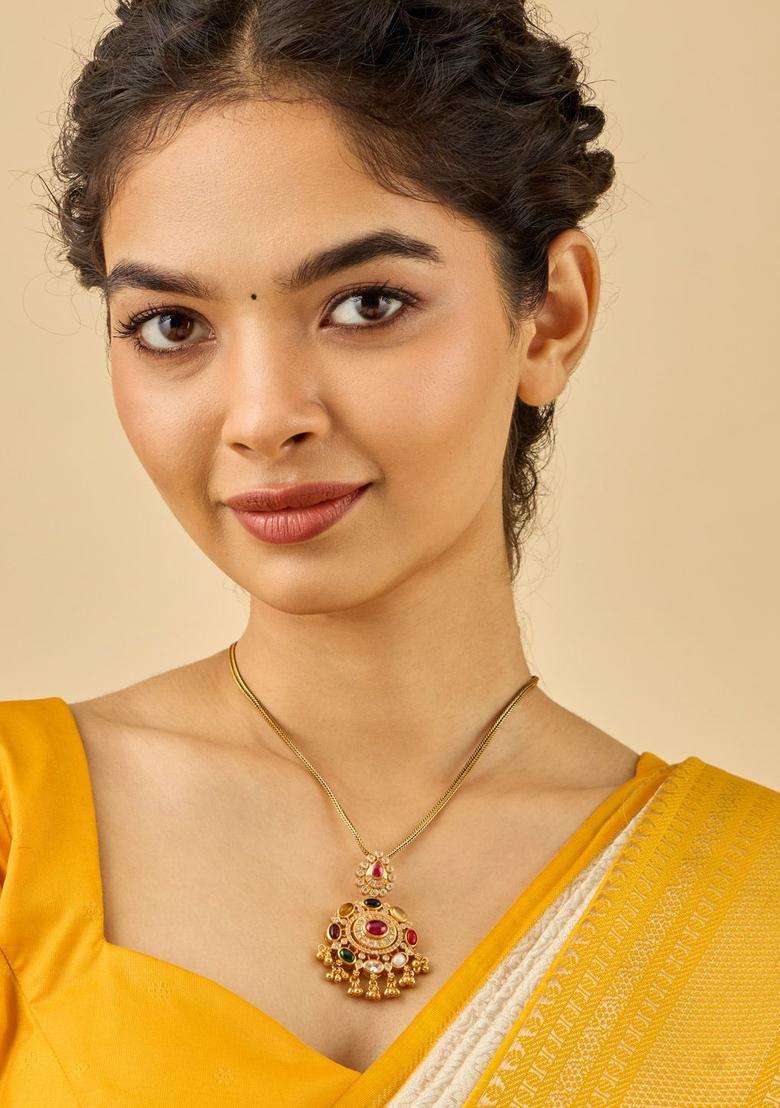 92.5 Sterling Silver Gold-Plated Artificial Stones Temple Pendants for Women | Traditional Temple Jewellery for Wedding & Festive Wear | Gift for Her - Indya