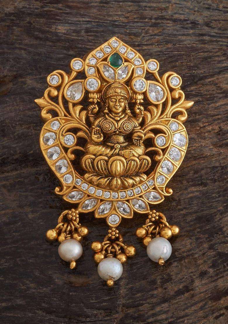 Green 92.5 Pure Silver Gold-Plated Artificial Stones Temple Pendant for Women | Traditional Temple Jewellery for Wedding & Festive Wear | Gift for Her - Indya