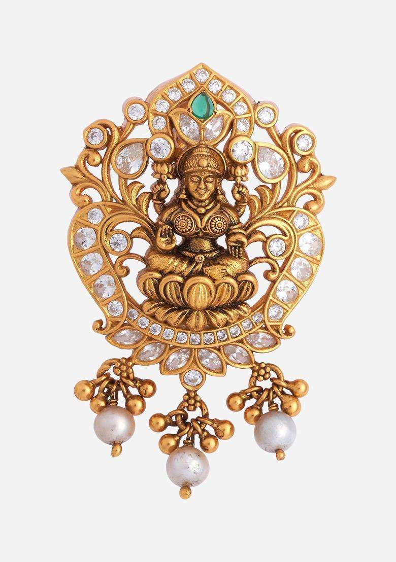 Green 92.5 Pure Silver Gold-Plated Artificial Stones Temple Pendant for Women | Traditional Temple Jewellery for Wedding & Festive Wear | Gift for Her - Indya