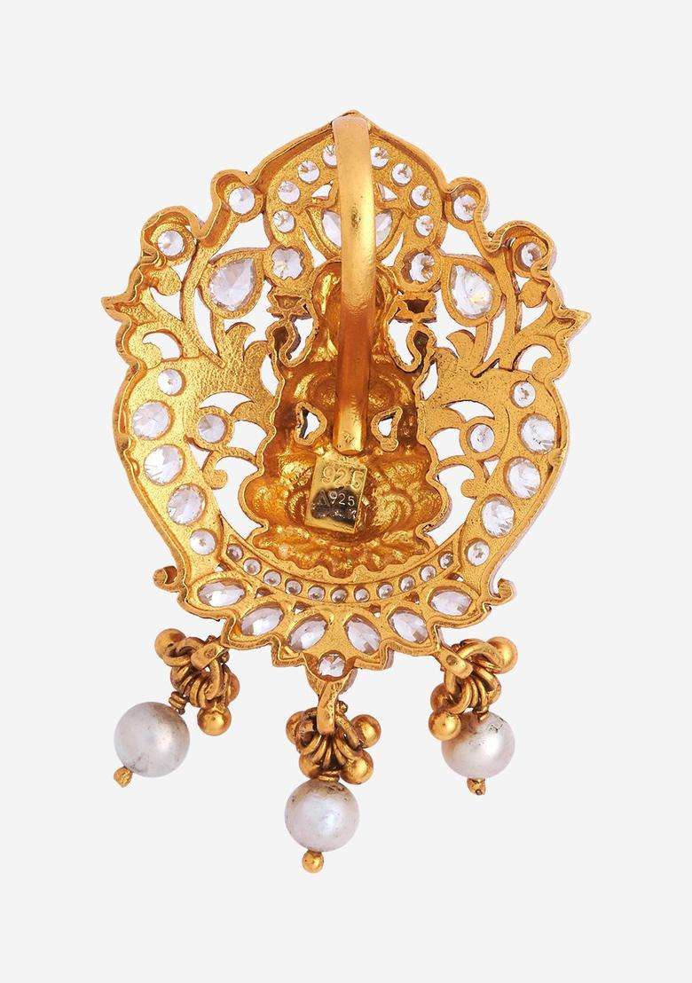 Green 92.5 Pure Silver Gold-Plated Artificial Stones Temple Pendant for Women | Traditional Temple Jewellery for Wedding & Festive Wear | Gift for Her - Indya