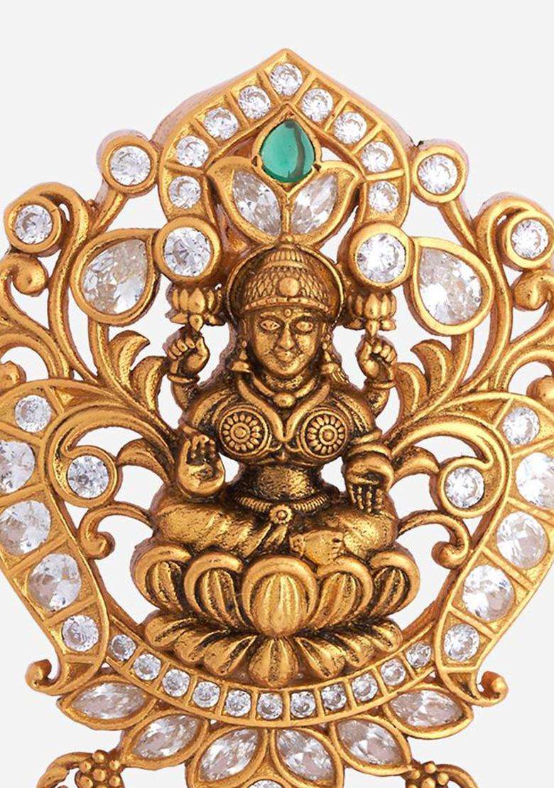 Green 92.5 Pure Silver Gold-Plated Artificial Stones Temple Pendant for Women | Traditional Temple Jewellery for Wedding & Festive Wear | Gift for Her - Indya