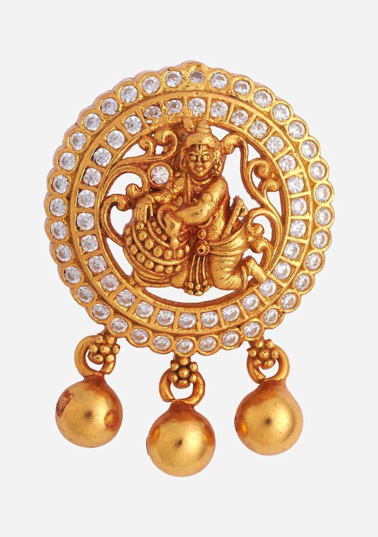 White 92.5 Pure Silver Gold-Plated Artificial Stones Temple Pendant for Women | Traditional Temple Jewellery for Wedding & Festive Wear | Gift for Her - Indya