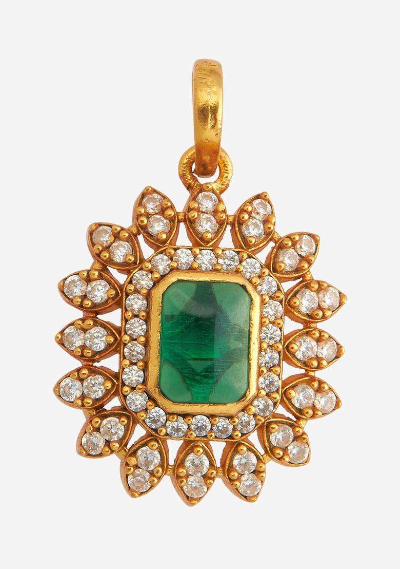 Gold-Plated Embellished Bridal 92.5 Silver Stone Square Pendant for Women | Traditional Temple Jewellery for Wedding & Festive Wear | Gift for Her - Indya