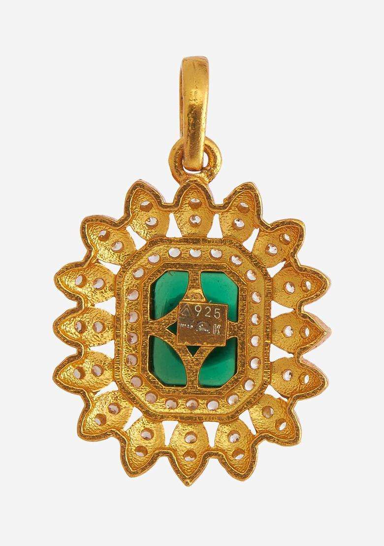 Gold-Plated Embellished Bridal 92.5 Silver Stone Square Pendant for Women | Traditional Temple Jewellery for Wedding & Festive Wear | Gift for Her - Indya