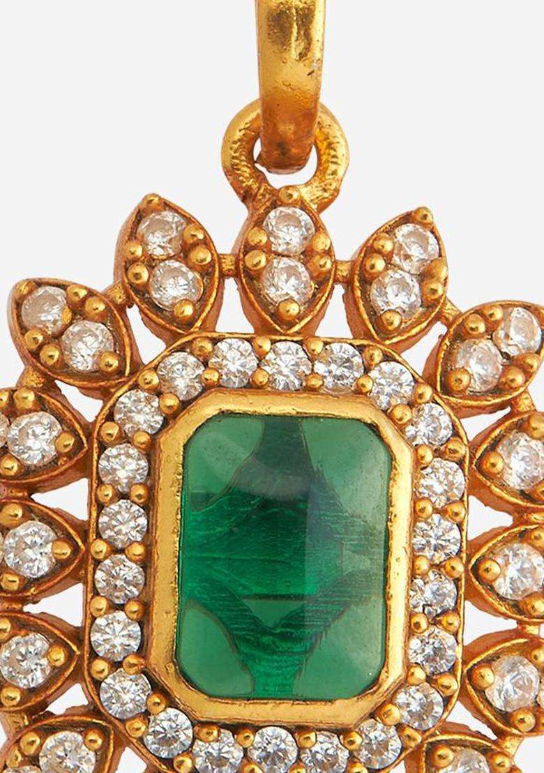 Gold-Plated Embellished Bridal 92.5 Silver Stone Square Pendant for Women | Traditional Temple Jewellery for Wedding & Festive Wear | Gift for Her - Indya