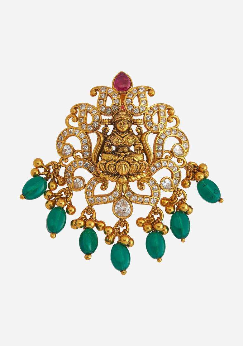 Embellished Bridal 92.5 Silver Gold-Plated Stone Pendant for Women | Traditional Temple Jewellery for Wedding & Festive Wear | Gift for Her - Indya