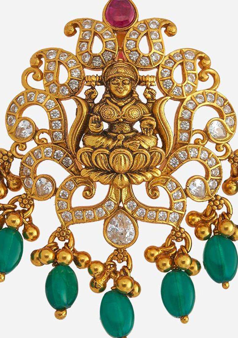 Embellished Bridal 92.5 Silver Gold-Plated Stone Pendant for Women | Traditional Temple Jewellery for Wedding & Festive Wear | Gift for Her - Indya