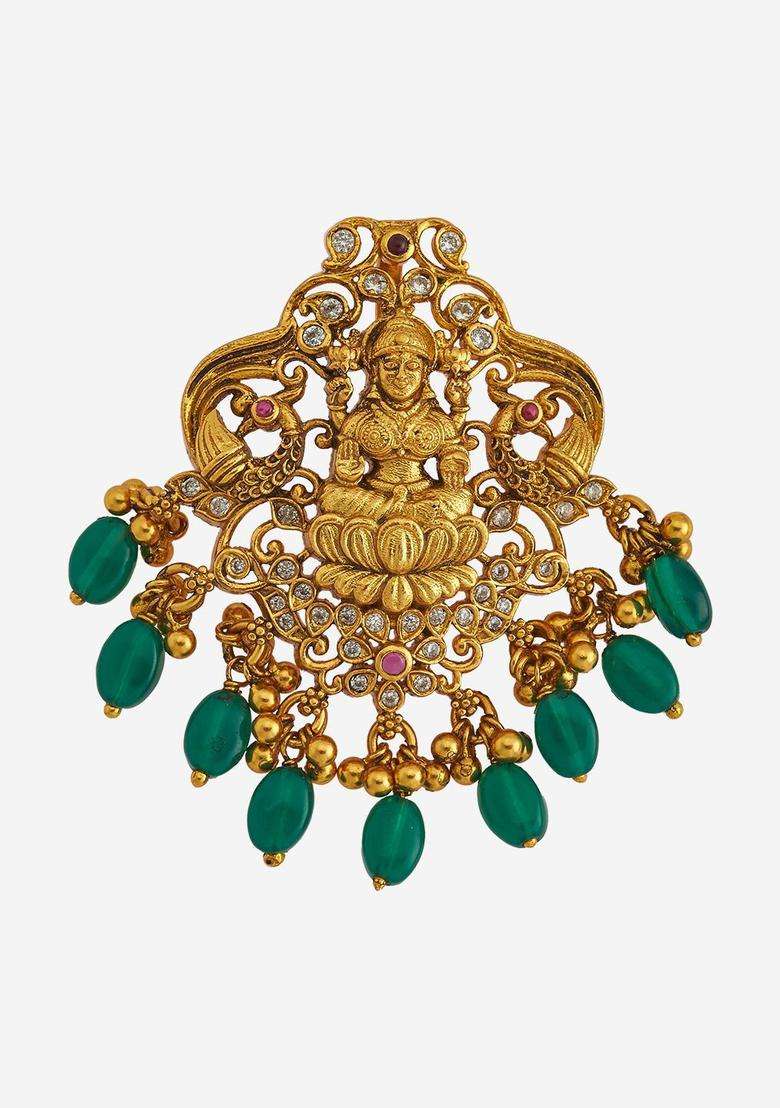 Gold-Plated Embellished Bridal 92.5 Silver CZ- Contemporary Pendant for Women | Traditional Temple Jewellery for Wedding & Festive Wear | Gift for Her - Indya
