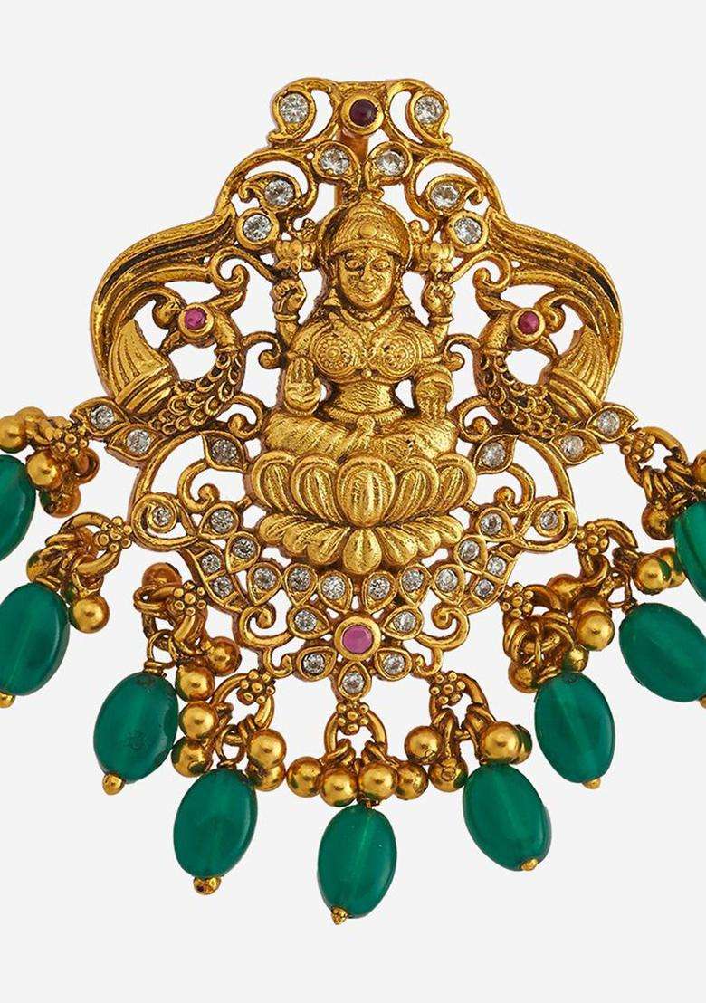 Gold-Plated Embellished Bridal 92.5 Silver CZ- Contemporary Pendant for Women | Traditional Temple Jewellery for Wedding & Festive Wear | Gift for Her - Indya