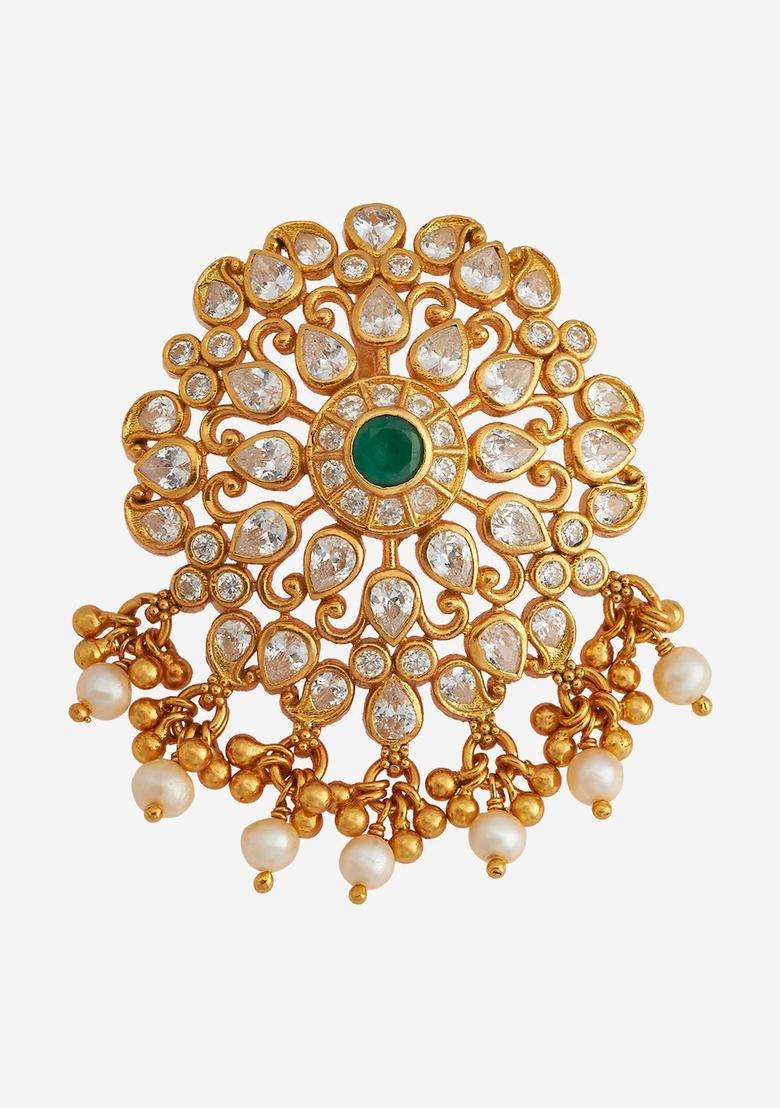 Gold-Plated Embellished Bridal 92.5 Silver CZ- Contemporary Pendant for Women | Traditional Temple Jewellery for Wedding & Festive Wear | Gift for Her - Indya