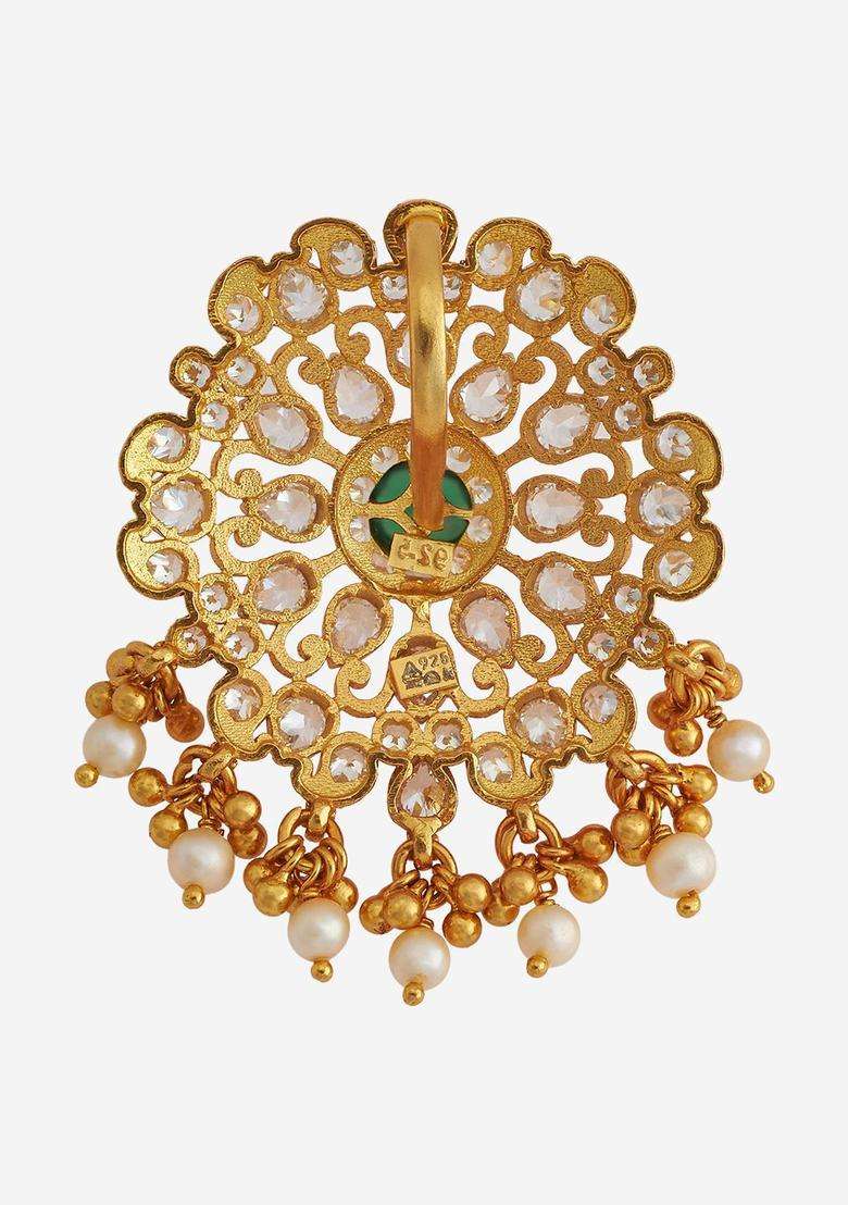Gold-Plated Embellished Bridal 92.5 Silver CZ- Contemporary Pendant for Women | Traditional Temple Jewellery for Wedding & Festive Wear | Gift for Her - Indya