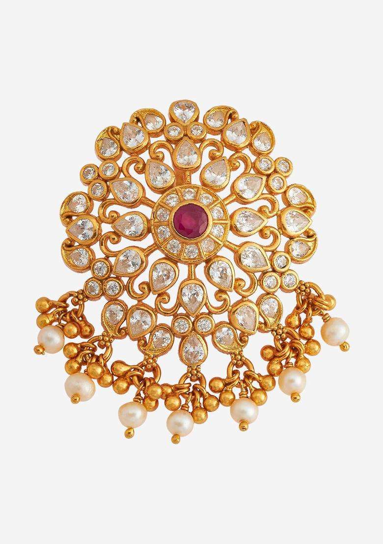 Gold-Plated Embellished Bridal 92.5 Silver CZ- Contemporary Pendant for Women | Traditional Temple Jewellery for Wedding & Festive Wear | Gift for Her - Indya
