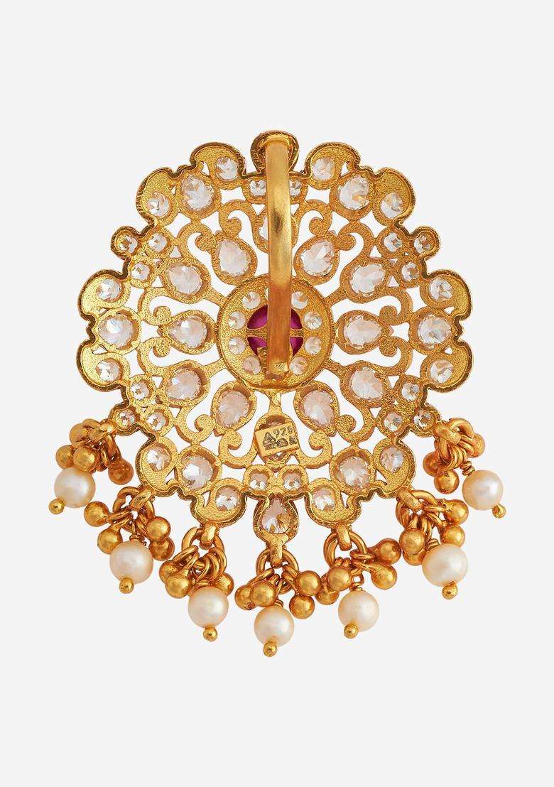 Gold-Plated Embellished Bridal 92.5 Silver CZ- Contemporary Pendant for Women | Traditional Temple Jewellery for Wedding & Festive Wear | Gift for Her - Indya