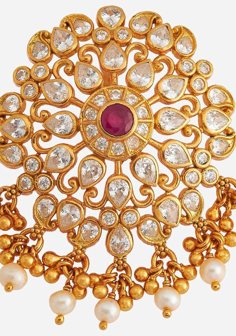 Gold-Plated Embellished Bridal 92.5 Silver CZ- Contemporary Pendant for Women | Traditional Temple Jewellery for Wedding & Festive Wear | Gift for Her - Indya