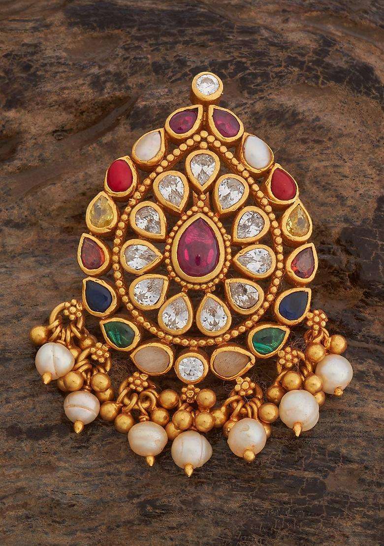 Embellished Bridal 92.5 Silver Gold-Plated Stone Pendant for Women | Traditional Temple Jewellery for Wedding & Festive Wear | Gift for Her - Indya