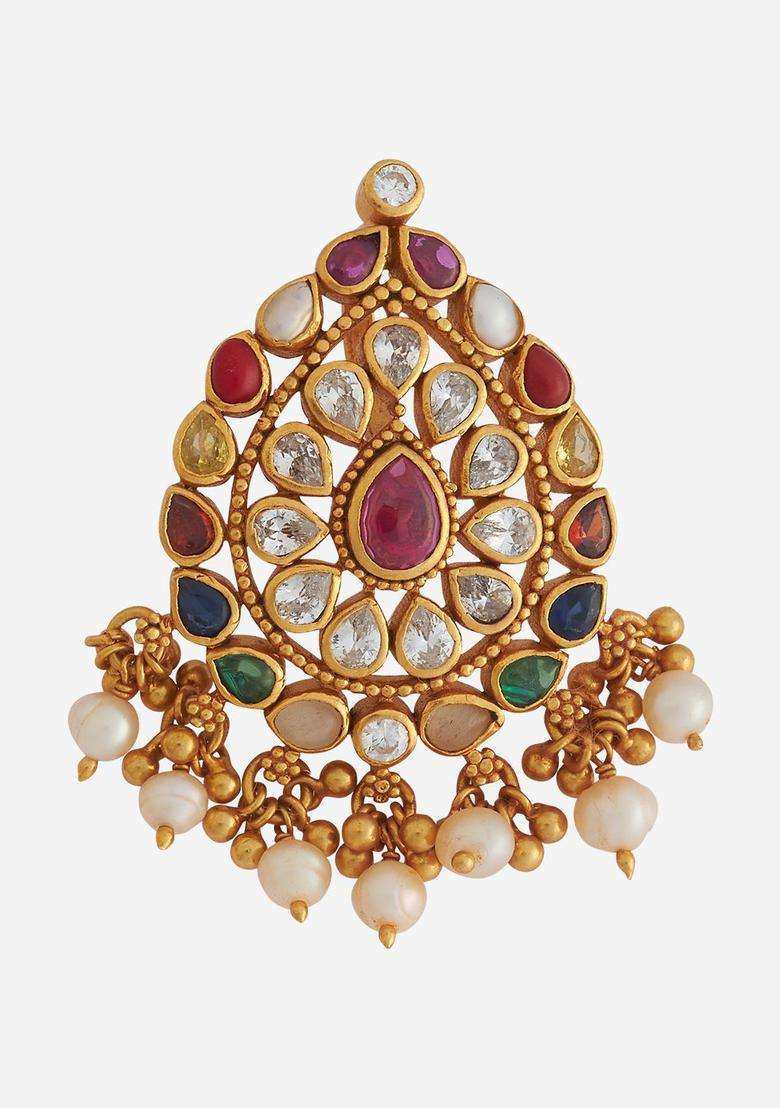 Embellished Bridal 92.5 Silver Gold-Plated Stone Pendant for Women | Traditional Temple Jewellery for Wedding & Festive Wear | Gift for Her - Indya