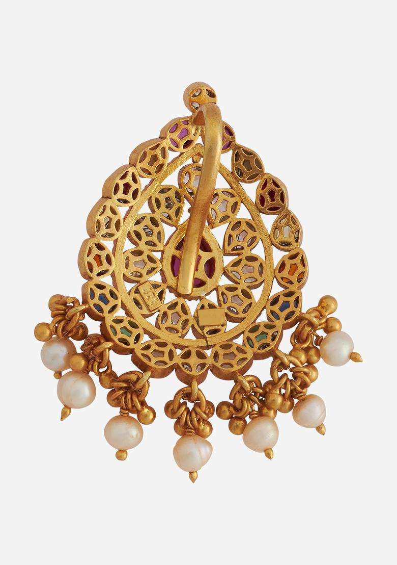 Embellished Bridal 92.5 Silver Gold-Plated Stone Pendant for Women | Traditional Temple Jewellery for Wedding & Festive Wear | Gift for Her - Indya