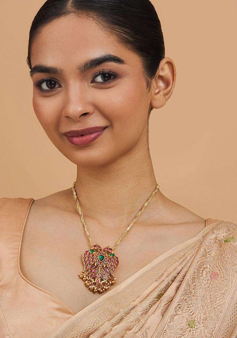 Gold-Plated 92.5 Pure Silver Stone Studded Peacock Pendant for Women | Traditional Temple Jewellery for Wedding & Festive Wear | Gift for Her - Indya